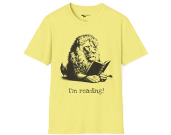 Lion Reading Book Art Print - Copper Engraved Style Illustration for Literary Kings/ Unisex Softstyle T-Shirt