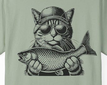Funny Fishing Cat Comfort Colors T-Shirt: Angler Humor Apparel
