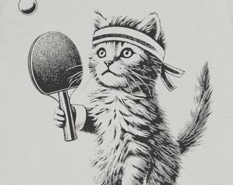 Kitten Playing Ping Pong T-Shirt, Engraving Style Cat Lover Tee