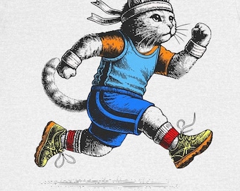 Engraved Jogging Cat T-Shirt: Fun Colors Running Outfit Joggers Delight Gift