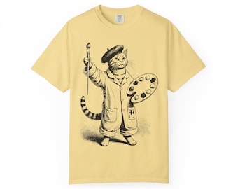 芸術的な猫の線画Tシャツ：画家へのギフト
