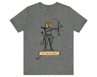Engraving Style Archery Tiger Tee - &quot;No Aim, No Game&quot; Ribbon with Logos/ Unisex Jersey Short Sleeve Tee
