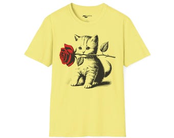 Vintage Kitten & Rose T-shirt: Retro Cat Lover Graphic Tee