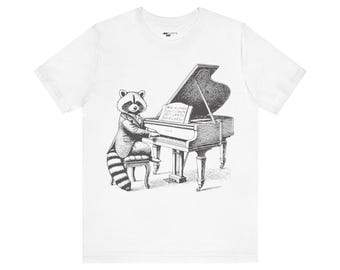 Raccoon Playing Piano T-Shirt: Engraving Style Whimsical Tee