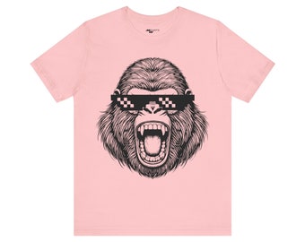 Roaring Gorilla Head T-Shirt: Vintage Engraving, Thug Life Sunglasses