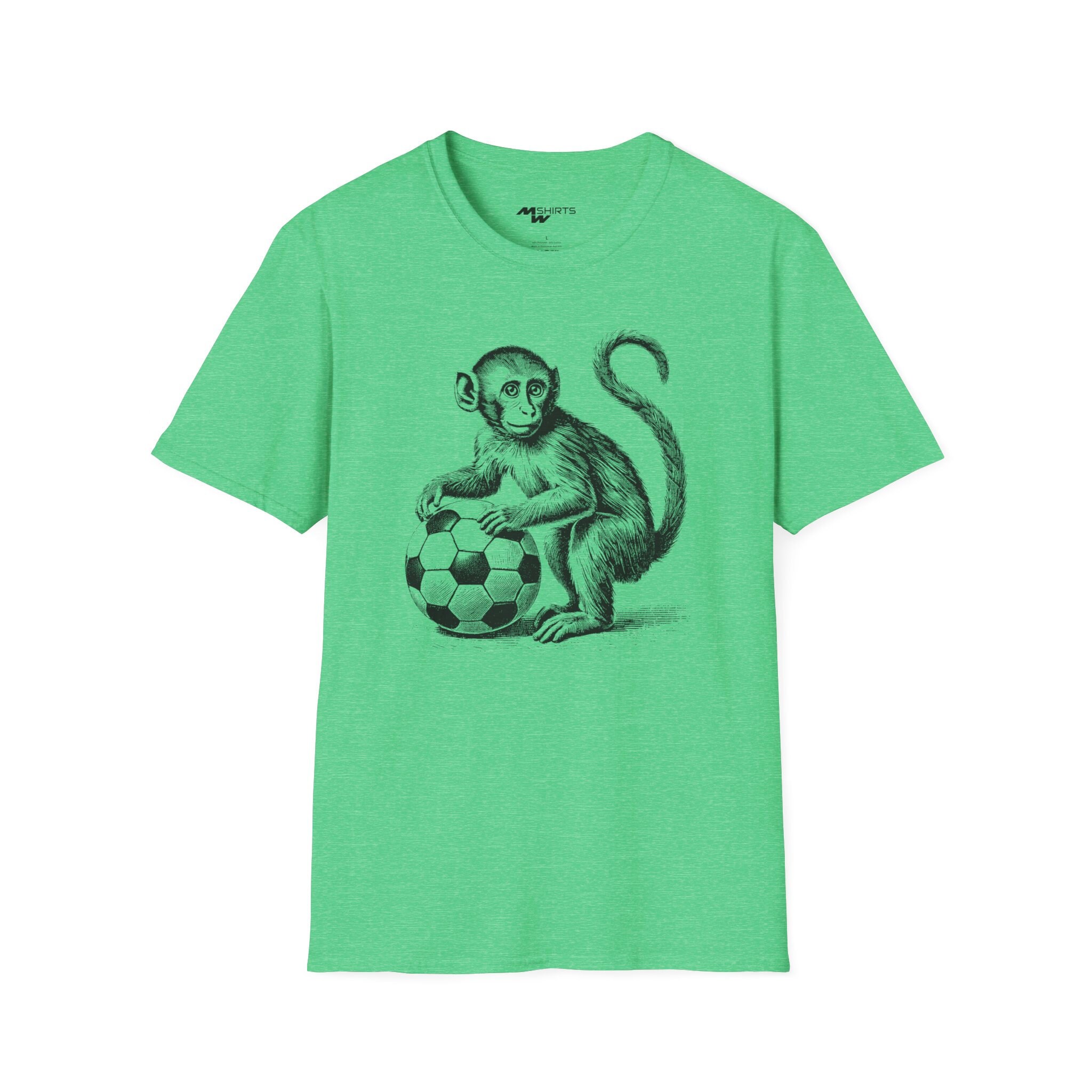Monkey Soccer T-shirt: Copper Engraving Style, Unisex Softstyle