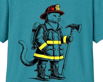 T-shirt brandweerkat: vintage gravure, brandweerman Kitty Hero-cadeau