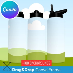 32oz Stainless Steel Water Bottle Full Wrap Mockup, Change Background, Drag and Drop Bottle,  Canva Frame, Metal Bottle Mockup, Gym Bottle
