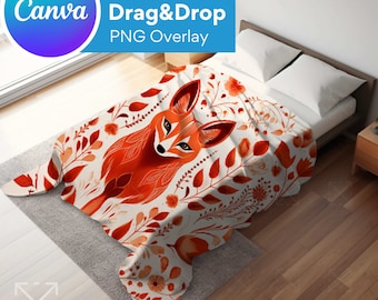 Maqueta de manta de cama, maquetas de manta, maquetas de arrastrar y soltar, PNG, superposición de Canva, Sherpa, felpa de terciopelo, vellón, manta Minky, microfibra, 3