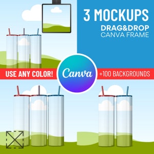 Op de afbeelding: Digitaal mockup-ontwerp met drie bekers met rietjes, tegen een blauwe lucht en groen landschap. Het ontwerp bevat het Canva-logo, de tekst "3 Mockups Drag & Drop Canva Frame", en "Use Any Color!" en "+100 Backgrounds".
