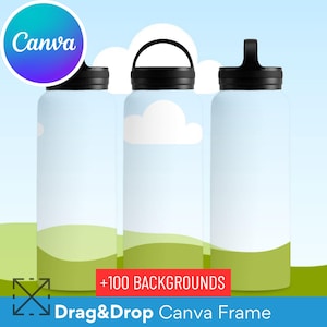 32oz Stainless Steel Water Bottle Handle Lid Full Wrap Mockup, Change Background, Drag and Drop,  Canva Frame, Metal Bottle Mock, Gym Bottle