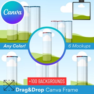 Op de afbeelding: Een digitale mockup met verschillende transparante, cilindrische bekers met rode en blauwe accenten. De afbeelding bevat het Canva-logo en de tekst "Any Color!", "6 Mockups", "+100 Backgrounds" en "Drag & Drop Canva Frame". De achtergrond is een gestileerd landschap.