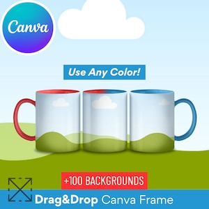 Op de afbeelding: Drie witte koffiemokken met verschillend gekleurde handvatten en interieurs: rood, rood-blauw verloop en blauw. De mokken staan tegen een groene en blauwe achtergrond met de tekst "Use Any Color!" en "+100 BACKGROUNDS Drag&Drop Canva Frame".
