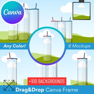 Op de afbeelding: Zes mockups van een heldere tumbler met een rood en blauw deksel en rietje. De tumblers staan op een groene grasachtige achtergrond met een blauwe lucht. De tekst "Any Color!" en "6 Mockups" staat op de afbeelding. De tekst "Drag & Drop Canva Frame" staat onderaan de afbeelding.
