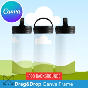 12oz Stainless Steel Water Bottle Handle Lid Full Wrap Mockup, Change Background, Drag and Drop,  Canva Frame, Metal Bottle Mock, Gym Bottle