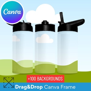 12oz Stainless Steel Water Bottle Full Wrap Mockup, Change Background, Drag and Drop Bottle,  Canva Frame, Metal Bottle Mockup, Gym Bottle