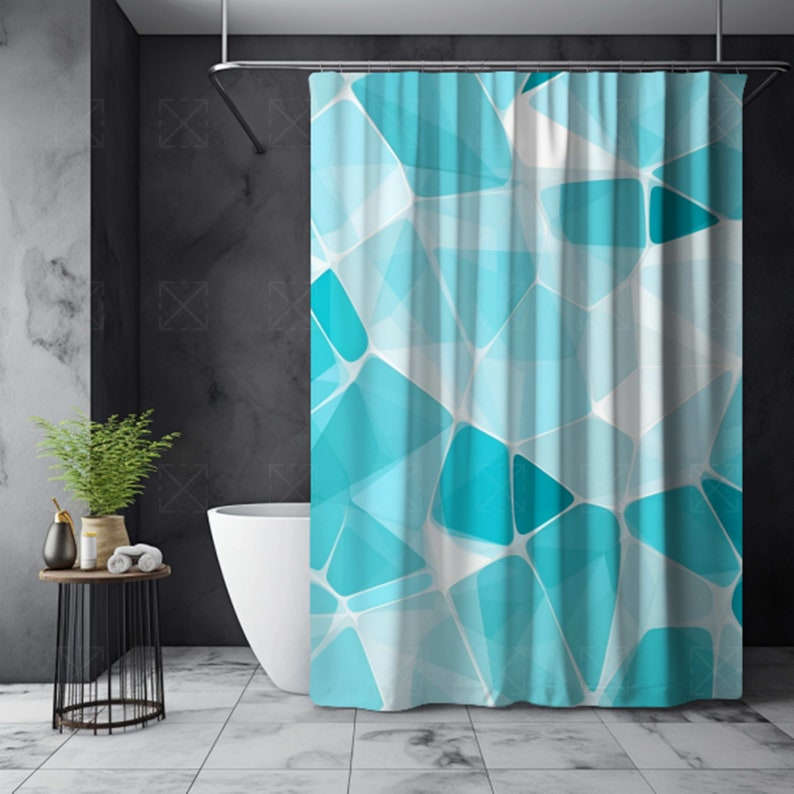 May include: A blue and white geometric patterned shower curtain with a modern design.