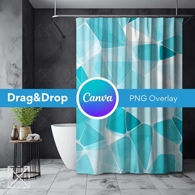 May include: A blue and white geometric patterned shower curtain with the text "Drag&Drop Canva PNG Overlay" on a blue banner.
