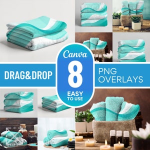 Op de afbeelding: Acht turquoise en witte handdoekoverlays voor Canva. Sleep deze PNG-bestanden naar uw ontwerpen.