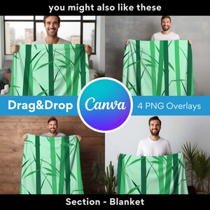 May include: A green and white blanket with a bamboo pattern. The blanket is being held by a person in front of a wooden wall. The text "Drag&Drop Canva 4 PNG Overlays" is visible on the image. The text "Section - Blanket" is also visible on the image.