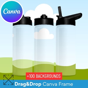 18oz Stainless Steel Water Bottle Full Wrap Mockup, Change Background, Drag and Drop Bottle,  Canva Frame, Metal Bottle Mockup, Gym Bottle
