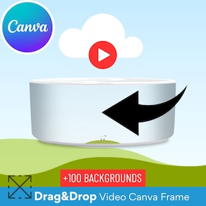 May include: A white video frame with a blue background and a white sheep in a green field. The frame has a play button icon in a white cloud above it. The text "Drag & Drop Video Canva Frame" and "+100 Backgrounds" are below the frame.