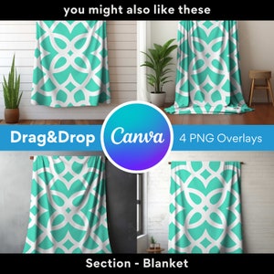 May include: Four images of a teal and white geometric patterned blanket. The blanket is shown draped over a white wall, on a wooden floor, and hanging from a hook. The text "Drag&Drop Canva 4 PNG Overlays" and "Section - Blanket" are also visible.