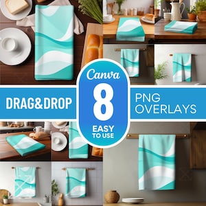 Op de afbeelding: Acht Canva PNG-overlays met een turquoise en wit golvend ontwerp. De overlays zijn gemakkelijk te slepen en neer te zetten op elk ontwerp.
