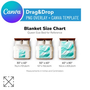 Deken maattabel mockup 3 in 1, deken maattabel, deken mockup, Minky, fluweel, slepen en neerzetten, mockup bundel, PNG, Canva sjabloon