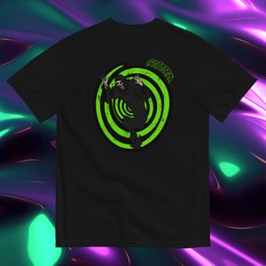 May include: Black t-shirt with a green and black graphic of a skeleton in a hooded robe standing in a swirling spiral with the word "CRIMSN" above it.