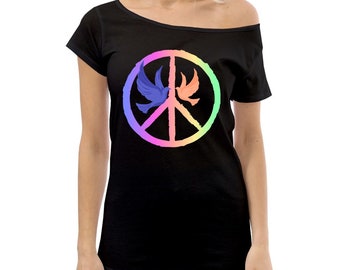 Colorful Peace Sign Off-Shoulder Tee Radiate Positivity in Comfy Style Gift