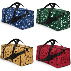 Premium Game Duffle Bag for the board game enthusiast - durable duffle bag for gamers who travel 22" x 11.5" x 11.5" - red blue green gold
