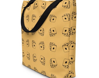 Bolsa de mano dorada con estampado de dados negros, perfecta para llevar juegos de mesa. Talla grande.