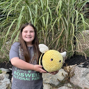 May include: A young person is holding a yellow and black crocheted bee plush toy. The bee has white wings and a black and white striped body. The person is wearing a grey t-shirt with the words "Roswell National Park" printed on it.