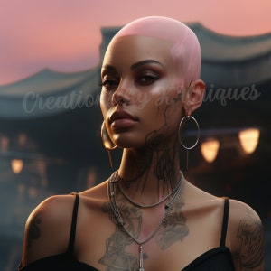 May include: A woman with a shaved head and pink skin tone is wearing a black tank top and multiple silver necklaces. She has a variety of tattoos on her face, neck, and arms.