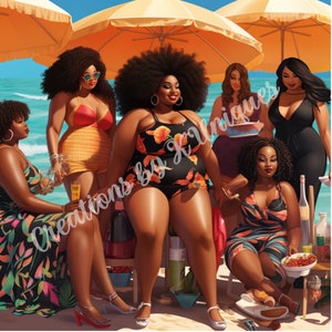 Può includere: Illustrazione di un gruppo di donne in spiaggia sotto ombrelloni gialli. Indossano costumi da bagno e abiti, gustando cibo e bevande. L'oceano e il cielo sono blu. L'immagine ha il testo "Creations by K Uniques".