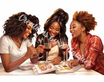 book club, Sublimation, Black Girl, Black Woman, PNG, drinking wine, black girls read, watercolor, black girl luxury, books, women reading