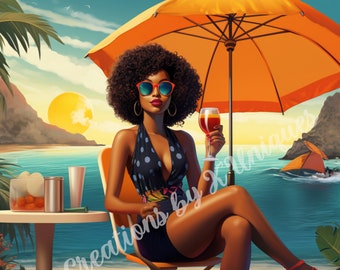 Cocktail, Sublimation, afro woman, Black Woman, PNG, black girls travel, sunshine, beach, travel, black girl travel, black girl vacation