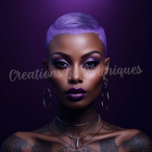 May include: A woman with short, lavender-colored hair and a nose ring. She is wearing heavy eye makeup, dark purple lipstick, and silver hoop earrings. She is also wearing a silver choker necklace and a silver pendant necklace. Her chest is covered in tattoos.