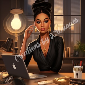 Sublimation, Black Woman, PNG, black girl boss, business, career, luxury, fashion, business clothes, suit, laptop, working career woman