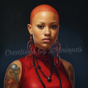 May include: A portrait of a person with a shaved head and red skin. They are wearing a red turtleneck sweater, large red hoop earrings, and multiple necklaces. The person has a nose ring and a tattoo on their left arm.