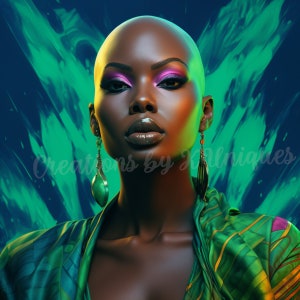 Puede incluir: Un retrato de primer plano de una persona con la cabeza rapada, que lleva un maquillaje de ojos llamativo con sombras de ojos rosas y moradas, y grandes pendientes de piedras preciosas verdes. El fondo es un diseño abstracto verde y azul vibrante.