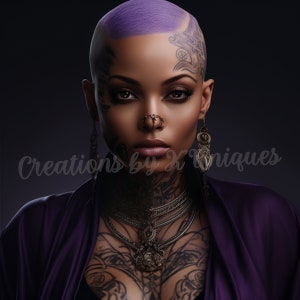 Bald black woman, Afro Queen, makeup, earrings, tattoos, fashion, PNG, Sublimation, Melanin, bald head, purple, necklace, eyebrows, pixie