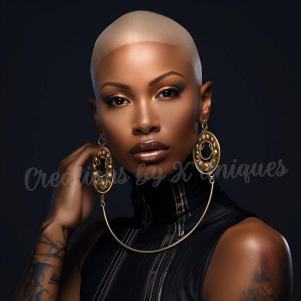 Bald black woman, Afro Queen, makeup, earrings, tattoos, fashion, PNG, Sublimation, Melanin, bald head, blonde, necklace, eyebrows, pixie