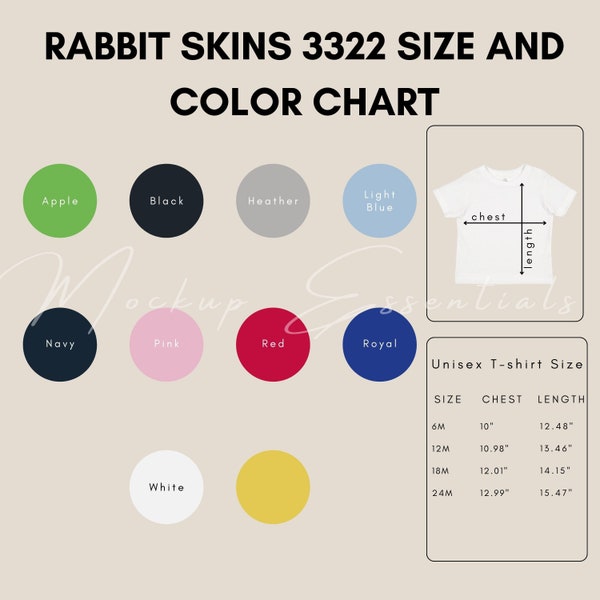 Rabbit Skins 3322 Infant Size and Color Chart, Rabbit Skins 3322 Mockups, Infant Tee Mockup, Printful Size Chart, Customizable Infant Mockup