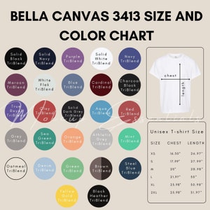 Bella Canvas 3413 Camiseta tamaño adulto y carta de colores, maquetas de camisetas para adultos, maqueta de camisetas unisex, tabla de tallas impresa, maqueta para adultos unisex