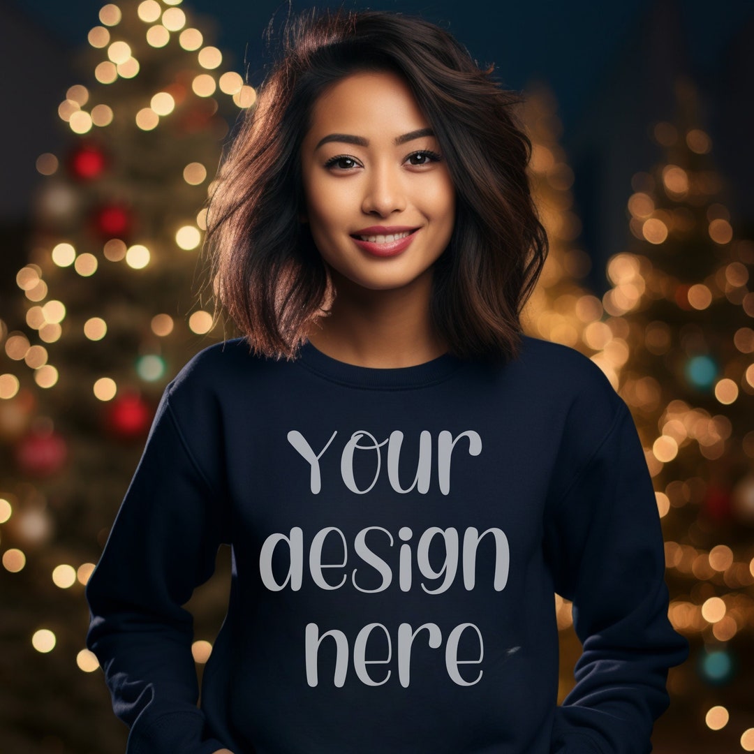 Gildan 18000 Navy Blue Sweatshirt Mockup Asian Model Mockup Etsy