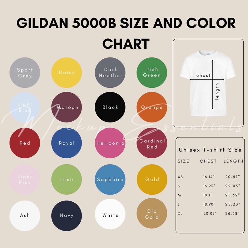 Tabla de tallas y colores de camiseta juvenil Gildan 5000B - Etsy México