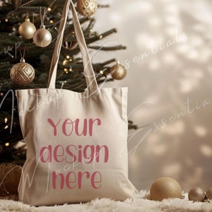 Christmas Tote Bag Mockup, Holiday Canvas Bag Mockup, Cute Styled Tote Mockups, AOP Tote Bag Mockups, Print On Demand Canva Mockup