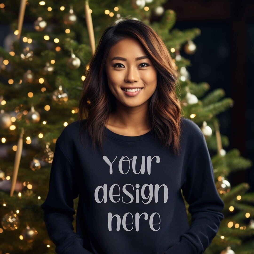 Gildan 18000 Navy Blue Sweatshirt Mockup Asian Model Mockup Etsy